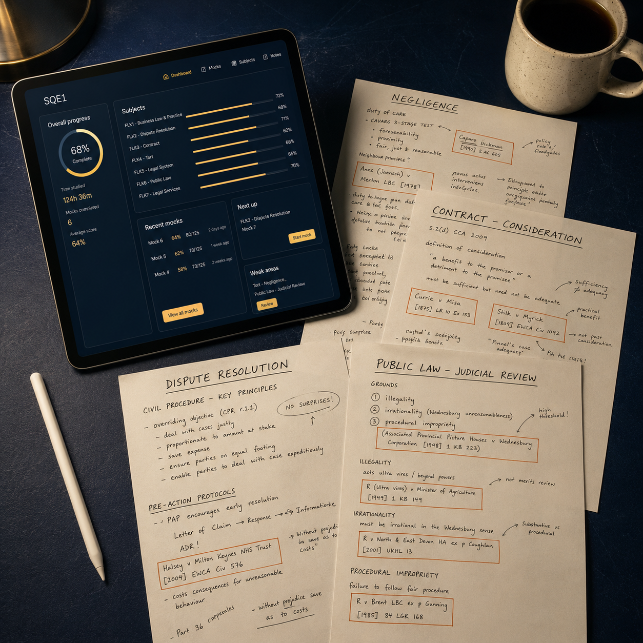 SQE Prep Pack — one-sheet study boards and question bank preview