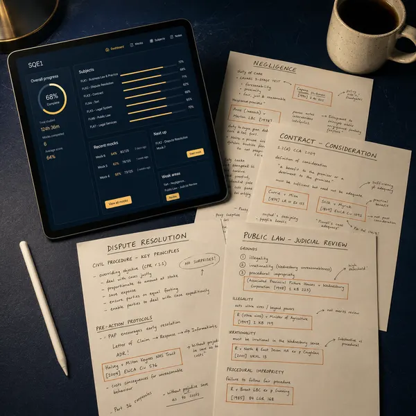 SQE Prep Pack — one-sheet study boards and question bank preview