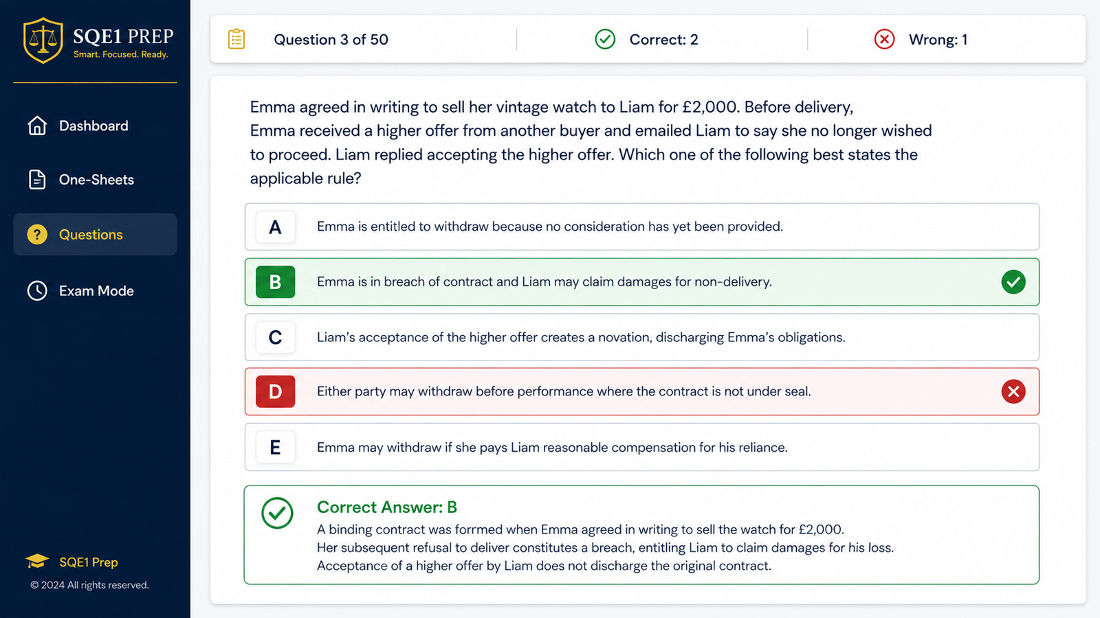 Question player with full explanation